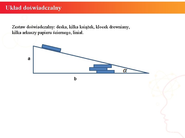 Układ doświadczalny Zestaw doświadczalny: deska, kilka książek, klocek drewniany, kilka arkuszy papieru ściernego, liniał.