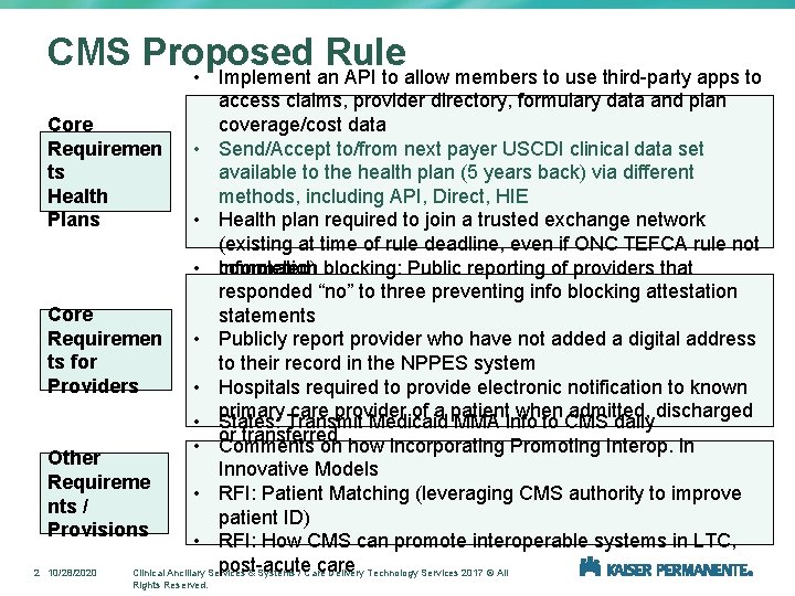 CMS Proposed Rule 2 • Implement an API to allow members to use third-party