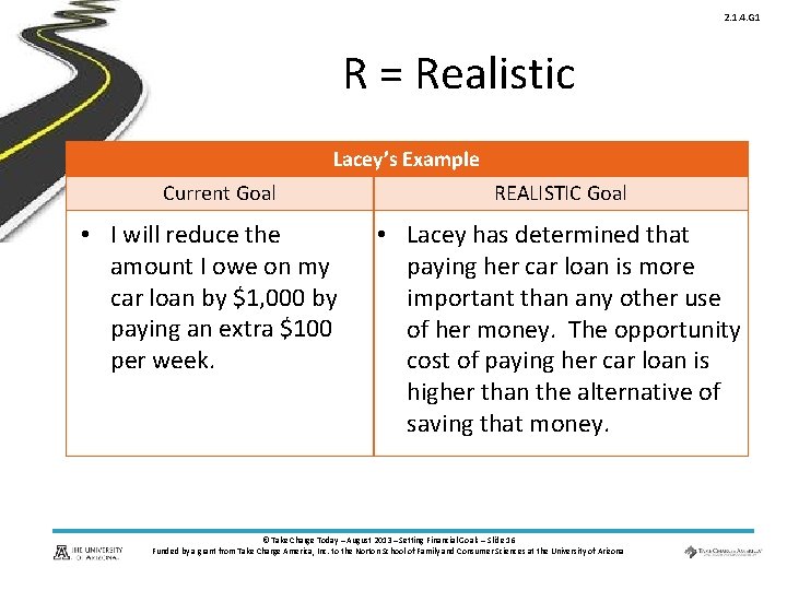 2. 1. 4. G 1 R = Realistic Lacey’s Example Current Goal • I