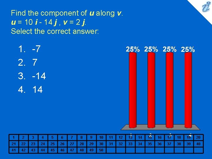 Find the component of u along v. u = 10 i - 14 j