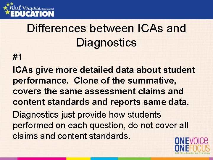 Differences between ICAs and Diagnostics #1 ICAs give more detailed data about student performance.