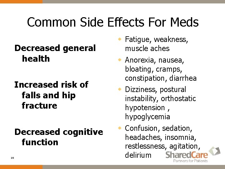 Common Side Effects For Meds Decreased general health Increased risk of falls and hip