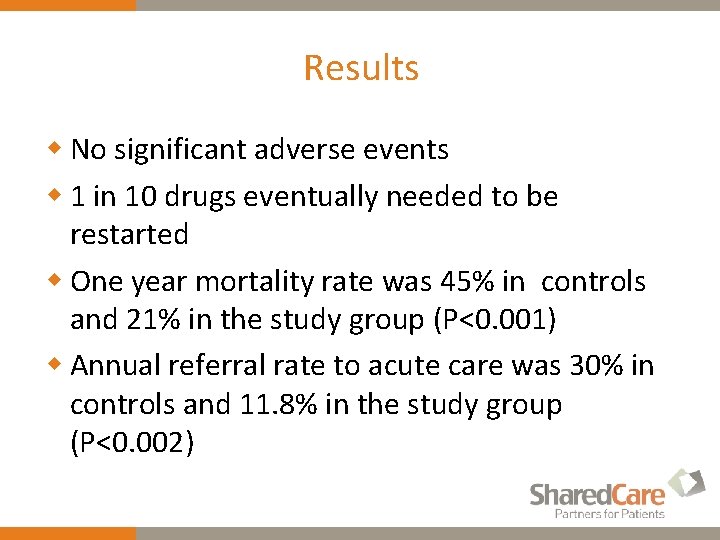 Results w No significant adverse events w 1 in 10 drugs eventually needed to