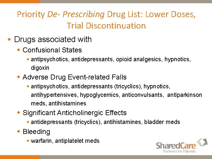 Priority De- Prescribing Drug List: Lower Doses, Trial Discontinuation w Drugs associated with w