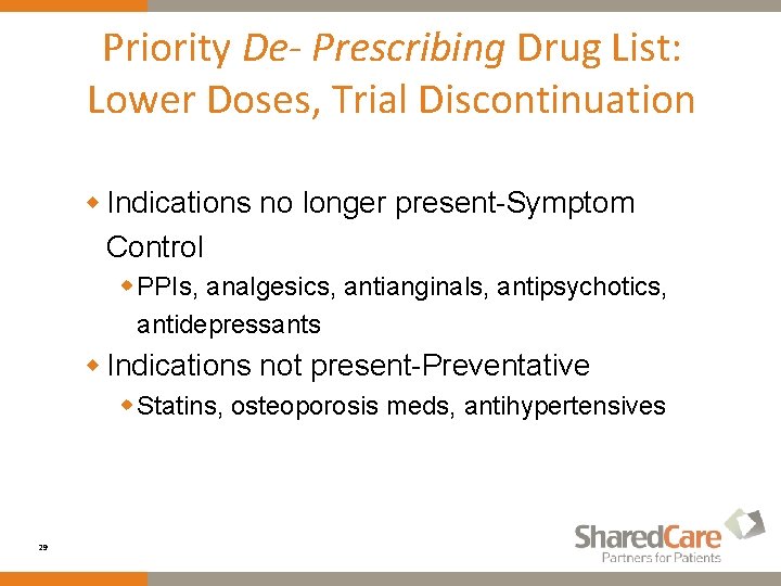 Priority De- Prescribing Drug List: Lower Doses, Trial Discontinuation w Indications no longer present-Symptom