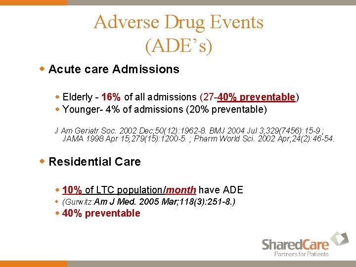 Adverse Drug Events (ADE’s) w Acute care Admissions w Elderly - 16% of all