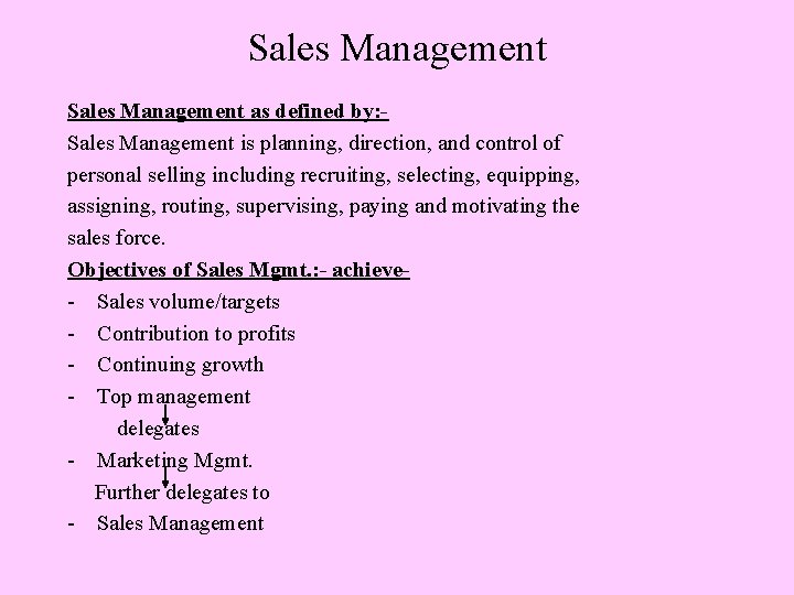 Sales Management as defined by: Sales Management is planning, direction, and control of personal