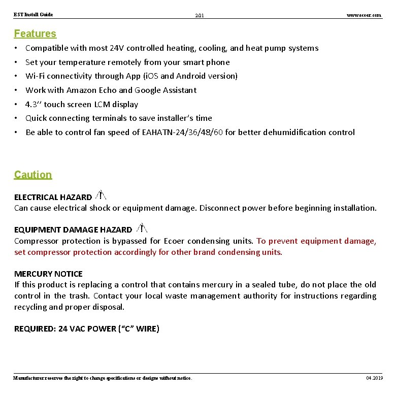 EST Install Guide 2/21 www. ecoer. com Features • • Compatible with most 24