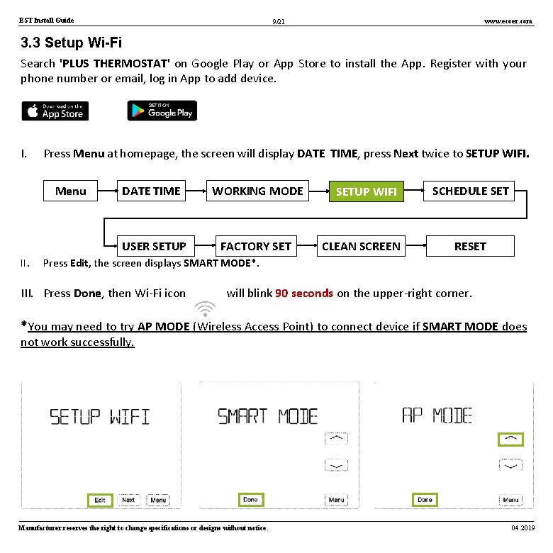 EST Install Guide www. ecoer. com 9/21 3. 3 Setup Wi-Fi Search 'PLUS THERMOSTAT'