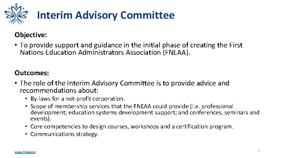 Interim Advisory Committee Objective: • To provide support and guidance in the initial phase