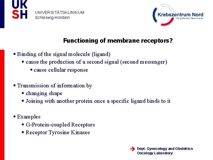 UNIVERSITÄTSKLINIKUM Schleswig-Holstein Functioning of membrane receptors? § Binding of the signal molecule (ligand) § UNIVERSITÄTSKLINIKUM Schleswig-Holstein Functioning of membrane receptors? § Binding of the signal molecule (ligand) §