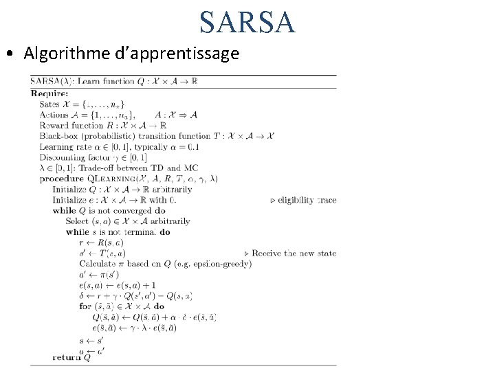 SARSA • Algorithme d’apprentissage 