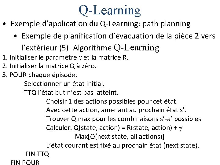 Q-Learning • Exemple d’application du Q-Learning: path planning • Exemple de planification d’évacuation de