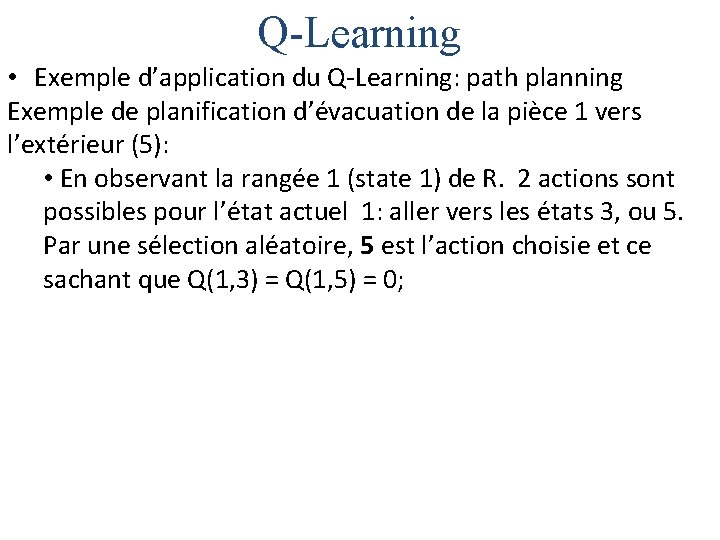 Q-Learning • Exemple d’application du Q-Learning: path planning Exemple de planification d’évacuation de la