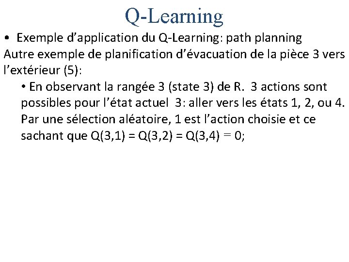 Q-Learning • Exemple d’application du Q-Learning: path planning Autre exemple de planification d’évacuation de