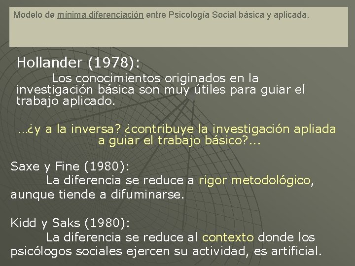 Modelo de mínima diferenciación entre Psicología Social básica y aplicada. Hollander (1978): Los conocimientos