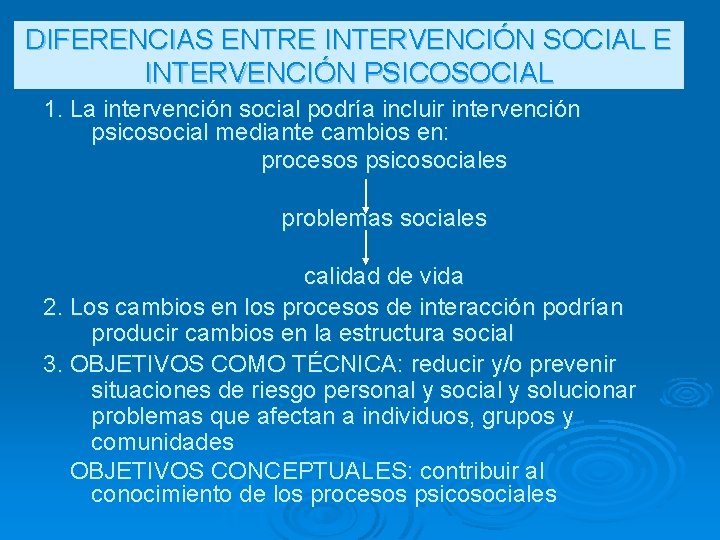 DIFERENCIAS ENTRE INTERVENCIÓN SOCIAL E INTERVENCIÓN PSICOSOCIAL 1. La intervención social podría incluir intervención