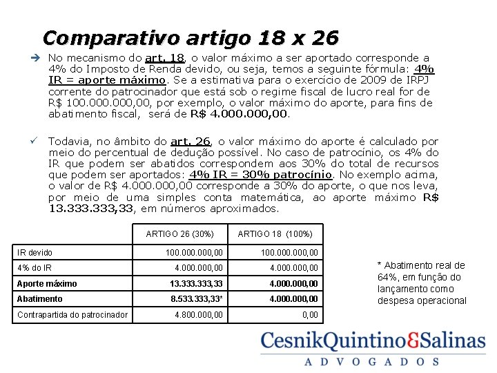 Comparativo artigo 18 x 26 è No mecanismo do art. 18, o valor máximo