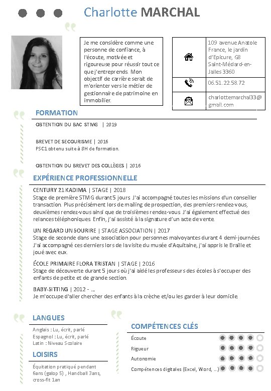 Charlotte MARCHAL Je me considère comme une personne de confiance, à l'écoute, motivée et