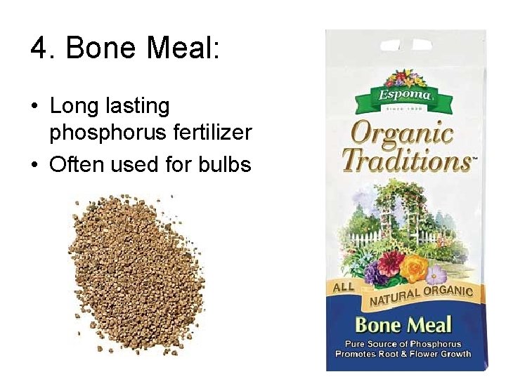 4. Bone Meal: • Long lasting phosphorus fertilizer • Often used for bulbs 