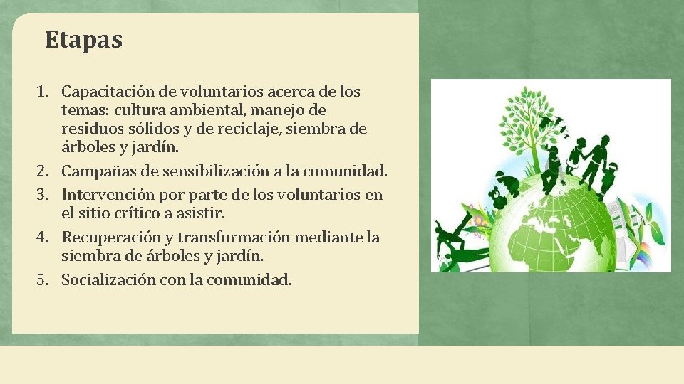 Etapas 1. Capacitación de voluntarios acerca de los temas: cultura ambiental, manejo de residuos