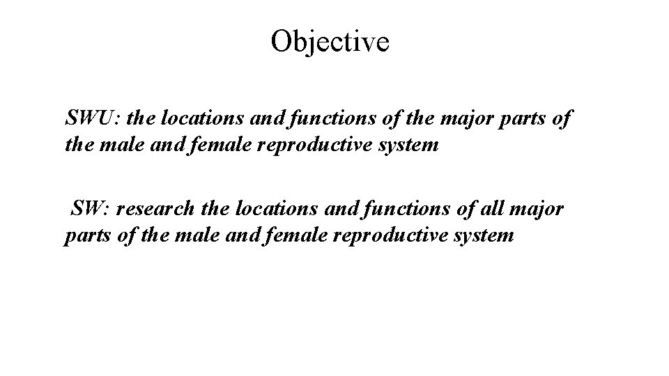 Objective SWU: the locations and functions of the major parts of the male and