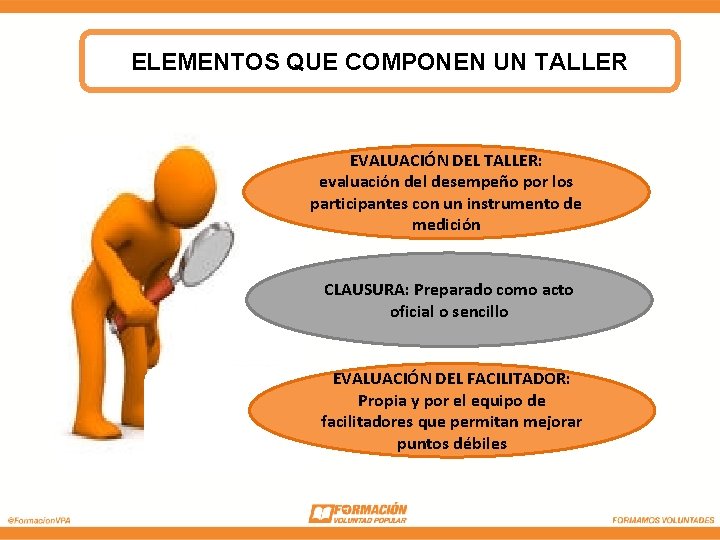 ELEMENTOS QUE COMPONEN UN TALLER EVALUACIÓN DEL TALLER: evaluación del desempeño por los participantes ELEMENTOS QUE COMPONEN UN TALLER EVALUACIÓN DEL TALLER: evaluación del desempeño por los participantes