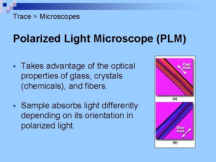 Trace > Microscopes Polarized Light Microscope (PLM) § Takes advantage of the optical properties