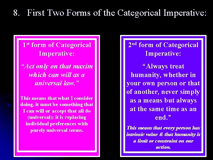 8. First Two Forms of the Categorical Imperative: 1 st form of Categorical Imperative: