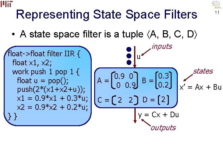 Representing State Space Filters 11 • A state space filter is a tuple A,