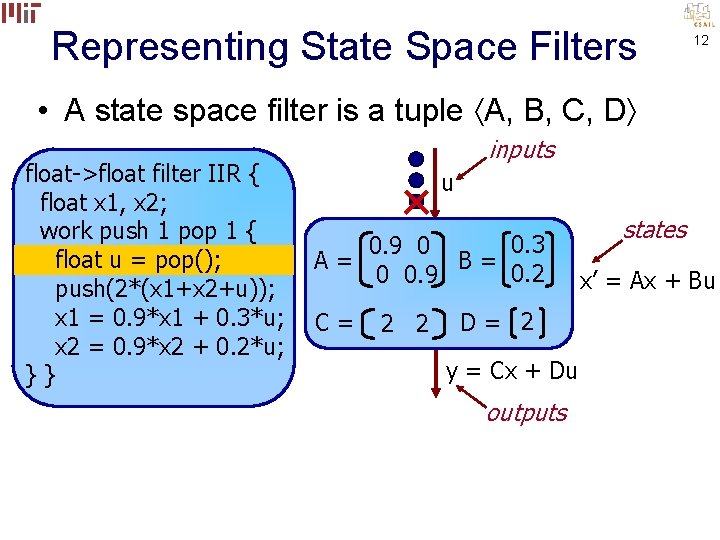 Representing State Space Filters 12 • A state space filter is a tuple A,