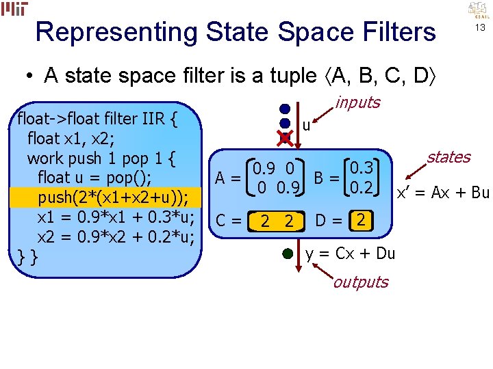 Representing State Space Filters 13 • A state space filter is a tuple A,