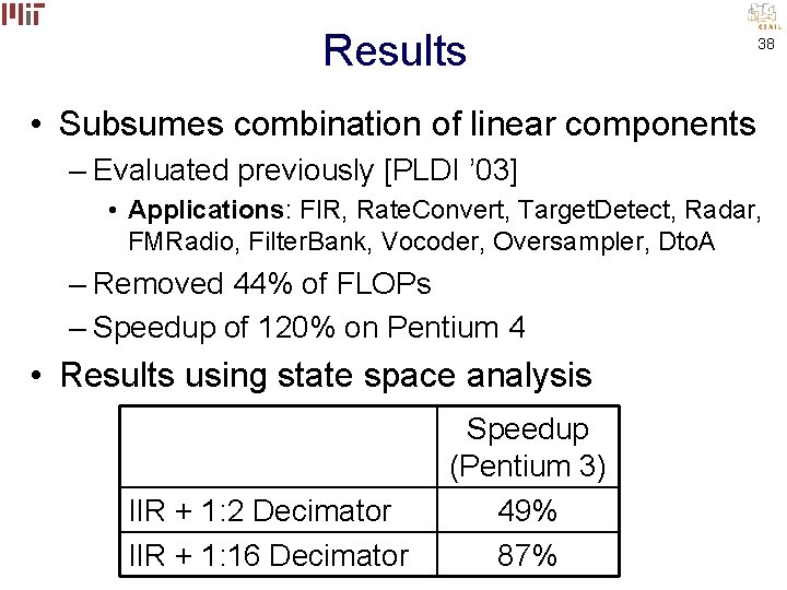 Results 38 • Subsumes combination of linear components – Evaluated previously [PLDI ’ 03]