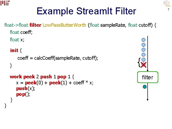 Example Stream. It Filter 7 float->float filter Low. Pass. Butter. Worth (float sample. Rate,