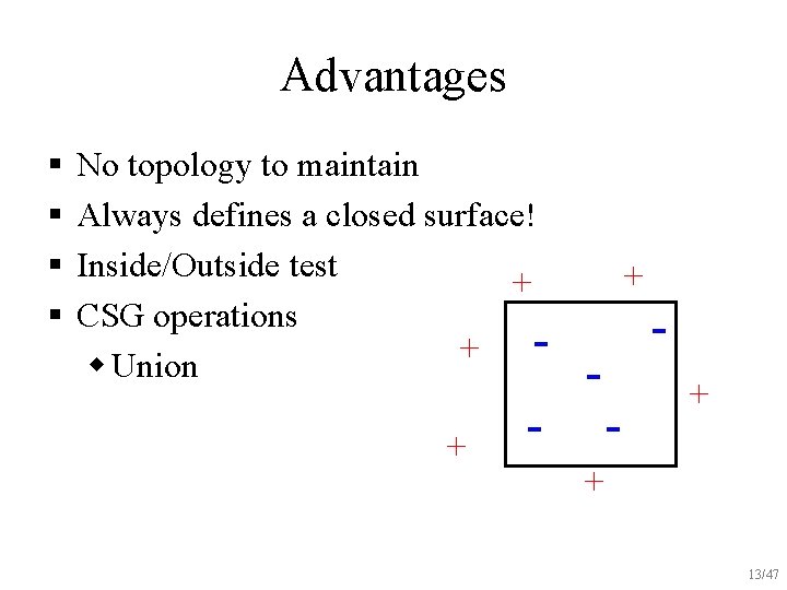 Advantages § § No topology to maintain Always defines a closed surface! Inside/Outside test