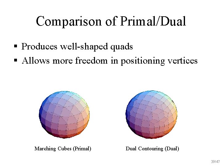 Comparison of Primal/Dual § Produces well-shaped quads § Allows more freedom in positioning vertices