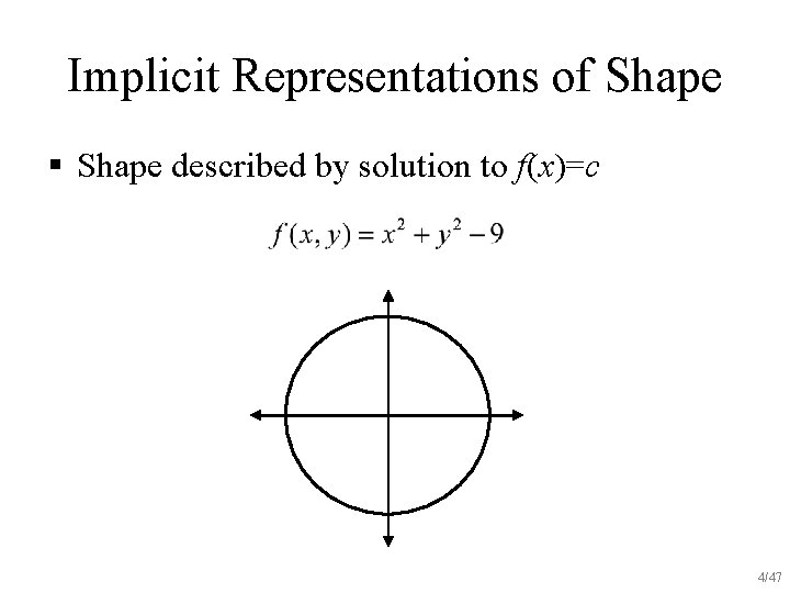 Implicit Representations of Shape § Shape described by solution to f(x)=c 4/47 