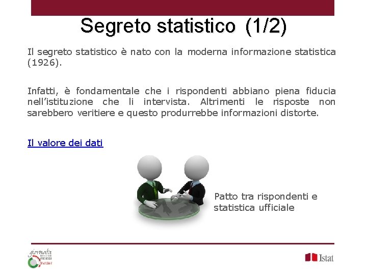 Segreto statistico (1/2) Il segreto statistico è nato con la moderna informazione statistica (1926).