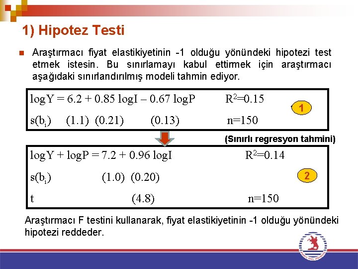 1) Hipotez Testi n Araştırmacı fiyat elastikiyetinin -1 olduğu yönündeki hipotezi test etmek istesin.