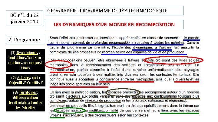 BO n° 1 du 22 janvier 2019 2. Programme (1) Dynamiques : mutations/transformations/recompositions (2)