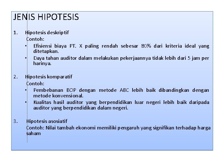 JENIS HIPOTESIS 1. Hipotesis deskriptif Contoh: • Efisiensi biaya PT. X paling rendah sebesar