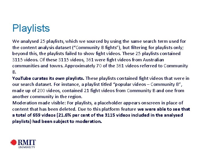 Playlists We analysed 25 playlists, which we sourced by using the same search term Playlists We analysed 25 playlists, which we sourced by using the same search term