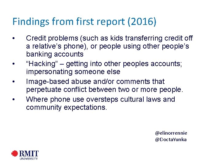 Findings from first report (2016) • • Credit problems (such as kids transferring credit Findings from first report (2016) • • Credit problems (such as kids transferring credit