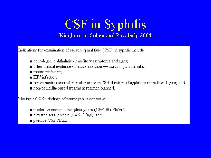 CSF in Syphilis Kinghorn in Cohen and Powderly 2004 