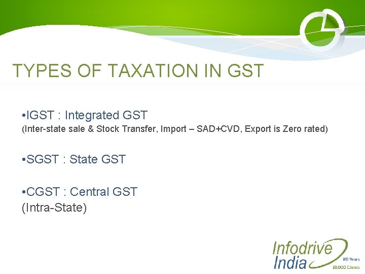 TYPES OF TAXATION IN GST • IGST : Integrated GST (Inter-state sale & Stock