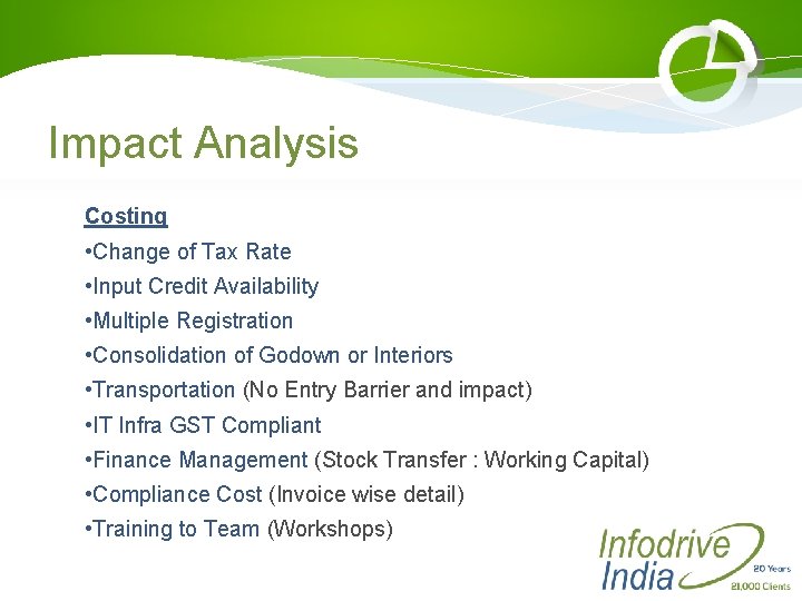 Impact Analysis Costing • Change of Tax Rate • Input Credit Availability • Multiple