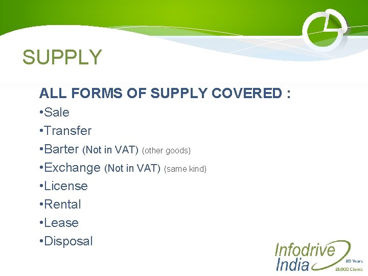 SUPPLY ALL FORMS OF SUPPLY COVERED : • Sale • Transfer • Barter (Not