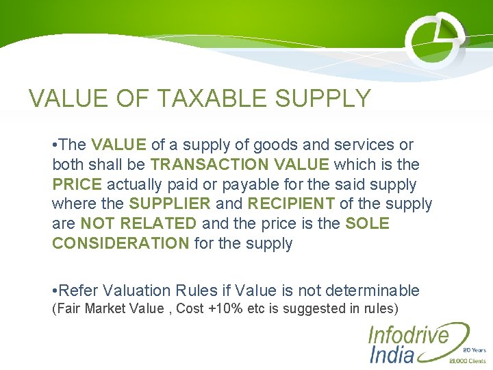 VALUE OF TAXABLE SUPPLY • The VALUE of a supply of goods and services