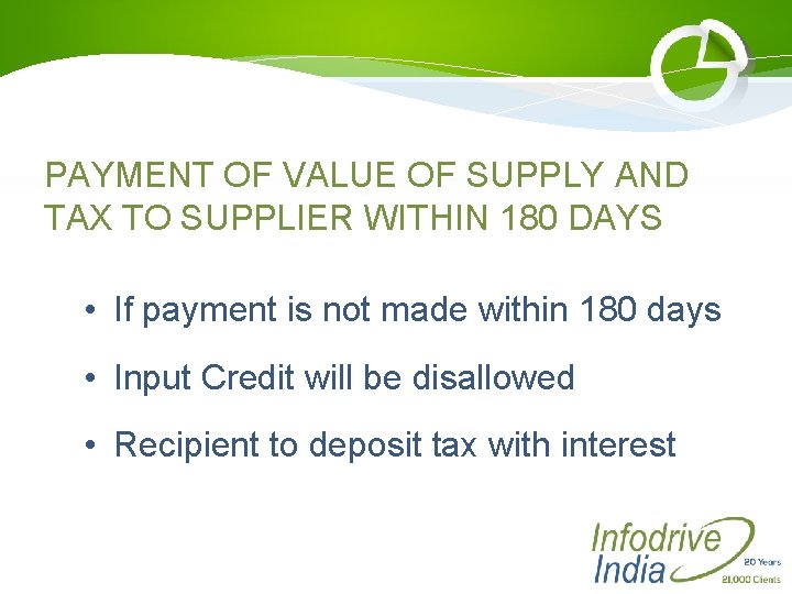 PAYMENT OF VALUE OF SUPPLY AND TAX TO SUPPLIER WITHIN 180 DAYS • If