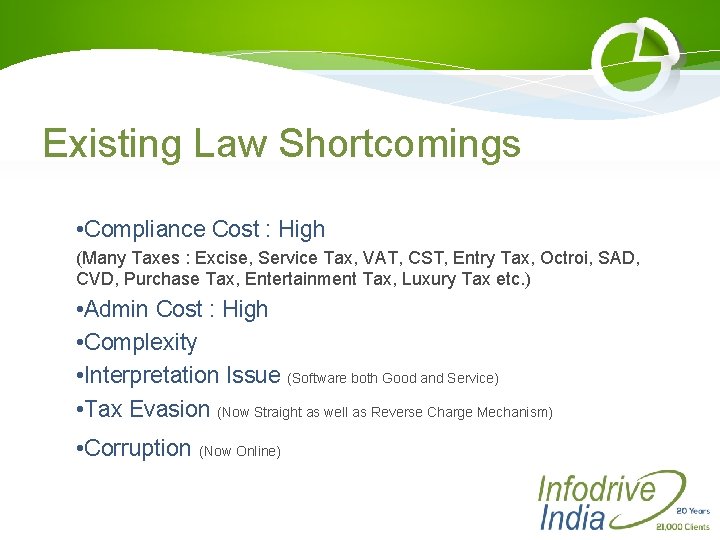 Existing Law Shortcomings • Compliance Cost : High (Many Taxes : Excise, Service Tax,